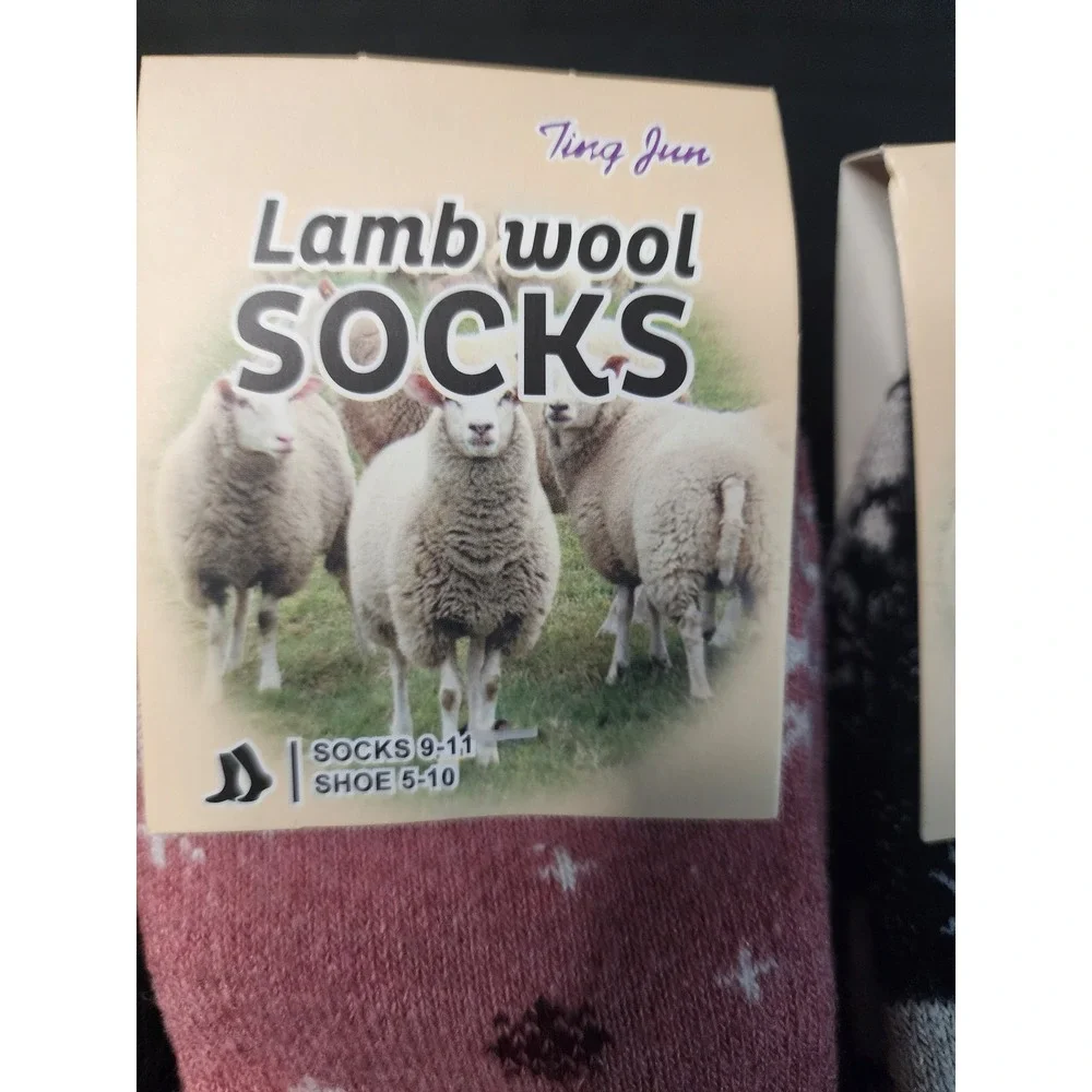 Ting Jun Lamb Wool Socks 3 Pair Set Winter Snowflake Reindeer Black Pink 9-11